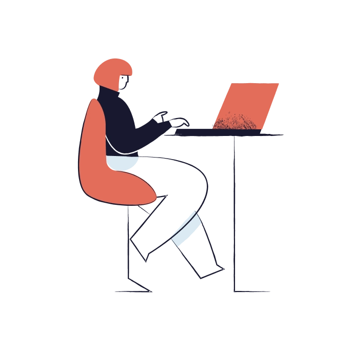Illustration en noir et terracotta d'une personne assise sur un bureau en train de rédiger un article sur son ordinateur