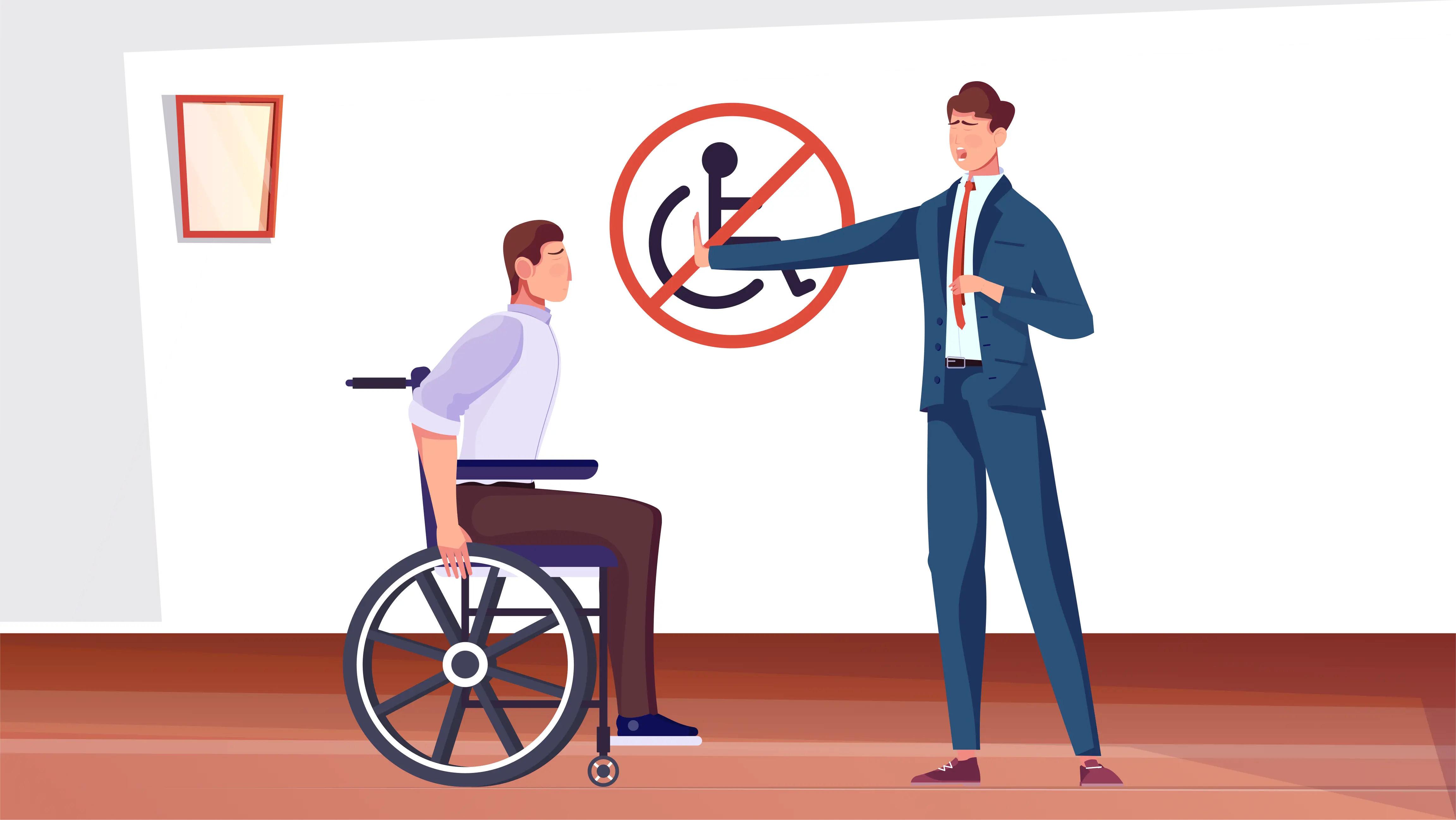 illustration de deux personnes : une debout qui empêche d'avancer la deuxièmre en fauteuil roulant. Sur le mur derrière, il y a un panneau montrant un fauteuil roulant barré en rouge