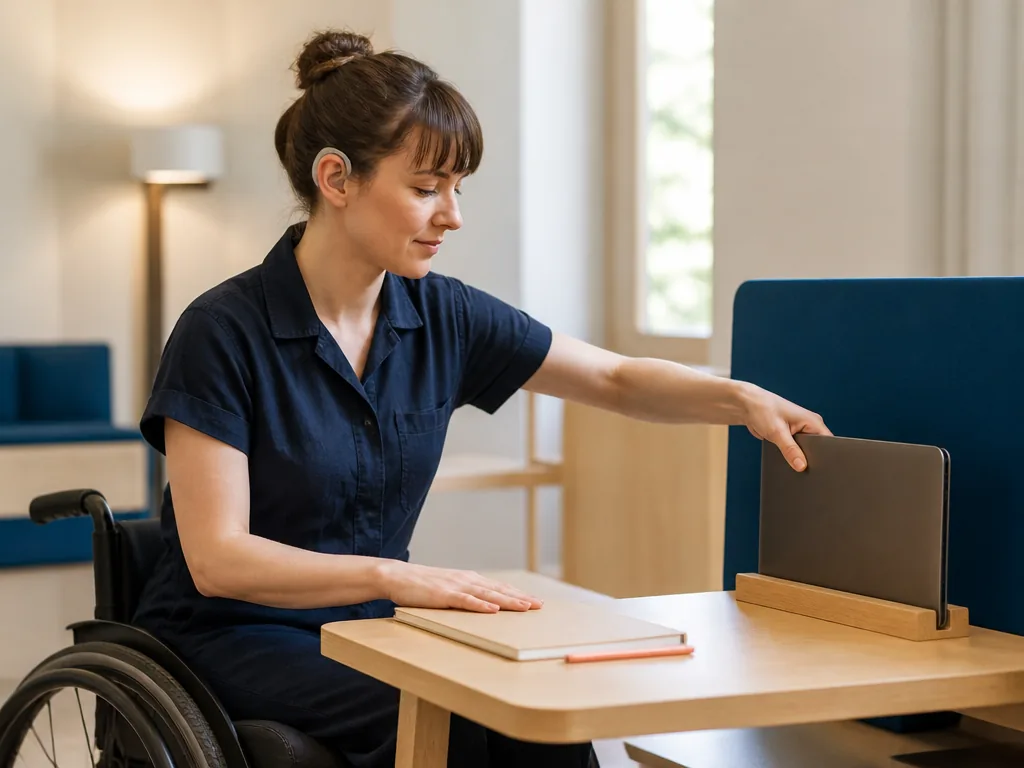 Collaboratrice en fauteuil roulant échangeant avec un collègue dans un espace de travail accessible