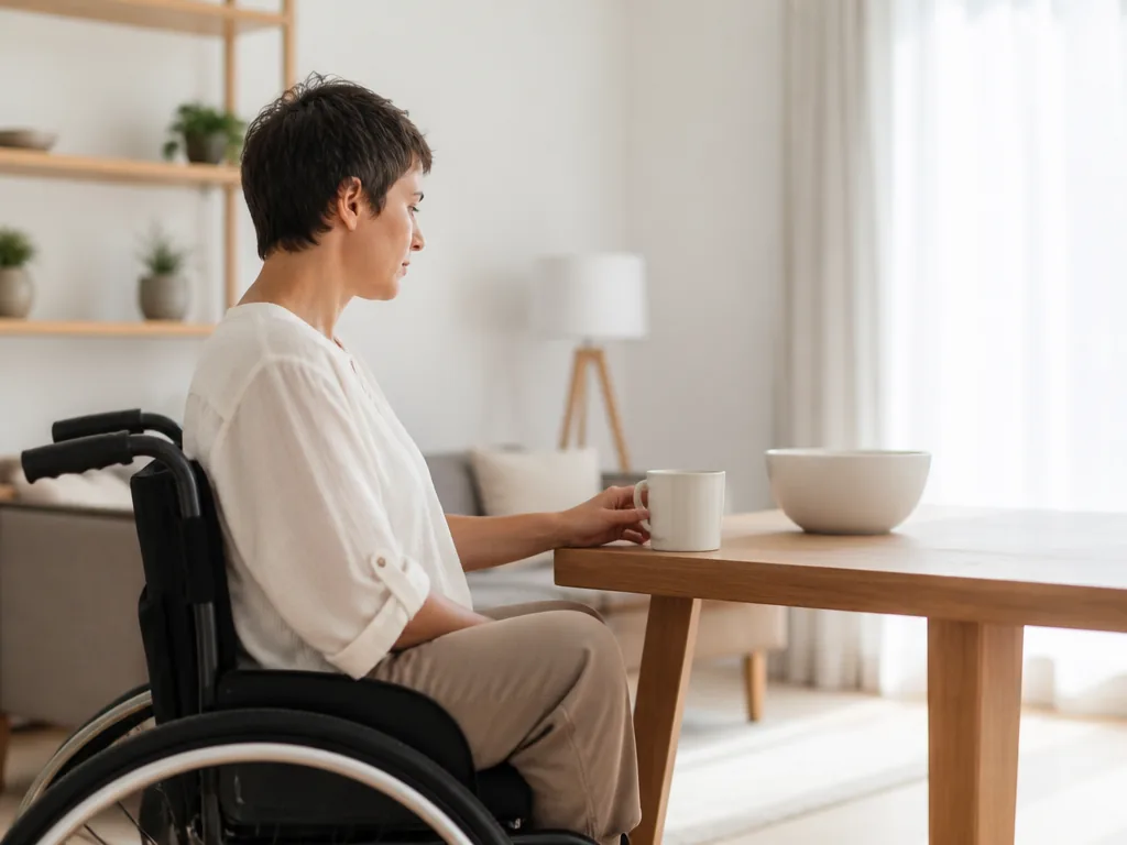 Un conseiller présente un dossier PCH à une personne en fauteuil roulant